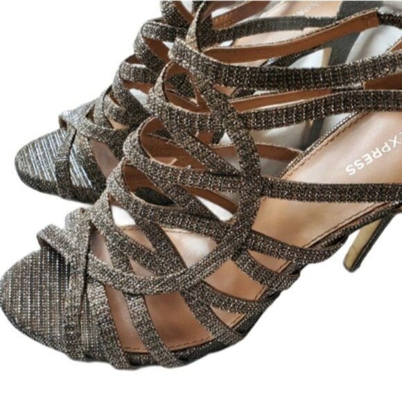 EXPRESS Womens‎ Heels SZ 8 Stiletto Sparkle Glitter Gold Zipper Strappy Open Toe - Picture 11 of 13
